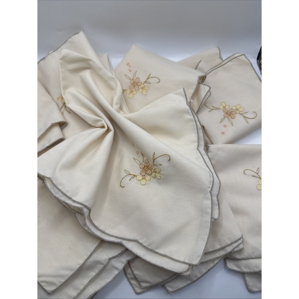Vintage Set of 8 Embroidered Linen Napkins Table Linens Decor 15"x 15" MCM Beige - Picture 7 of 9